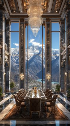 an elegant dining room with large windows overlooking the mountains