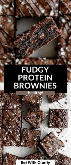 fudgy protein brownies are stacked on top of each other with text overlay