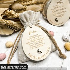 personalised easter egg tags with eggs and wheat on the side, next to them