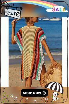 Yellow Hollow-out Rainbow Kimono Knit Beachwear Bohemian Knit Cover-up For Beach Season, White V-neck Sweater For Beach, Casual V-neck Sweater For Beach, Casual Multicolor V-neck Cover-up, Beach Striped Knit Sweater, Striped Knit Beach Sweater, Bohemian V-neck Summer Sweater, Summer Striped V-neck Sweater, Striped Summer Beach Sweater