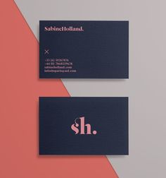 two business cards with the letter s and h on them, both in pink and blue