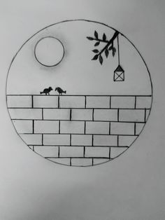 a black and white drawing of a brick wall with two birds on it, hanging from a tree branch