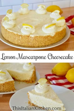 two pictures of lemon macaroni cheesecake on plates