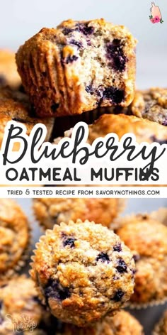 blueberry oatmeal muffins are stacked on top of each other