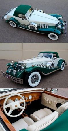 two pictures of an old fashioned car with the interior painted green and white, one is in