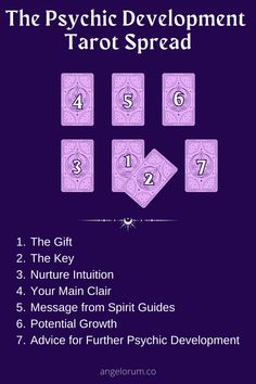 the psychic development tarot spread is shown in purple and has numbers arranged on it