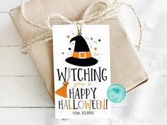 a card that says, witching for a happy halloween with a witches hat on it