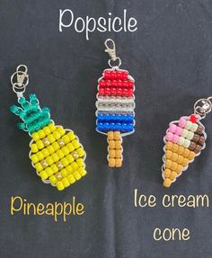 three popsicle keychains made out of legos and ice cream cone beads