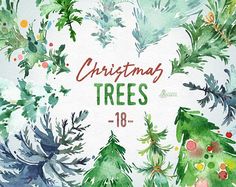 watercolor christmas trees with the words christmas trees written in red and green on them