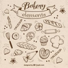 bakery elements are arranged in the shape of a circle, including breads and pastries