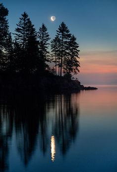 the moon is setting over trees and water