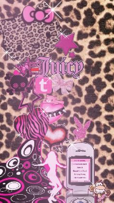 a cell phone sitting on top of a leopard print wallpaper covered in pink and black designs