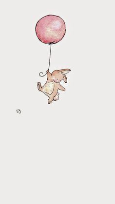 a drawing of a dog flying with a balloon in the air above it's head