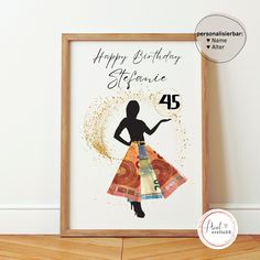 a birthday card with the number 45 on it and an image of a woman in a dress