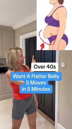 a woman standing in front of a cartoon character with the caption over 40s want a flatter belly 5 moves in 5 minutes