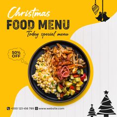 a christmas food menu with chicken, vegetables and corn on a black plate against a yellow background