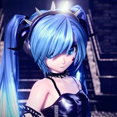 an anime character with blue hair and spikes on her head, standing in front of stairs