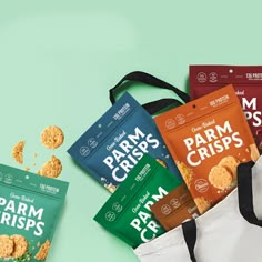 five bags of farm crispes on a green background with one bag in the foreground