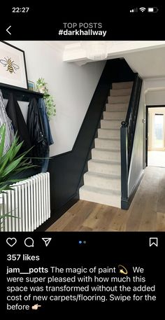 the stairs in this house are painted black and white to match with the wood flooring