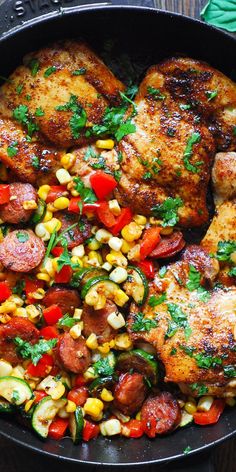 Chicken, Sausage, and Veggies Skillet with Bell Peppers, Zucchini, and Corn Sausage And Veggies Skillet, Mexican Dishes With Chicken, Sausage And Vegetable Skillet, Chicken Sausage And Veggies, Farmer Sausage, Vegetable Skillet, Sausage And Veggies, Veggie Skillet, One Pan Dinner