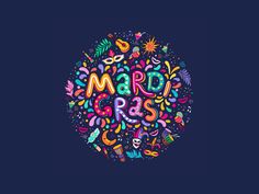 the words mardi gras are surrounded by colorful confetti and decorations on a dark blue background