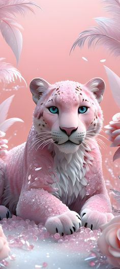 a white tiger with blue eyes sitting in front of some pink flowers and feather feathers