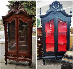 an old china cabinet has been painted black and red to give it a new look