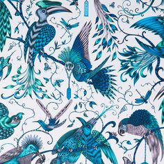 a blue and white wallpaper with birds on it