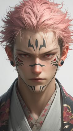 an anime character with pink hair and face paint, wearing a geisha mask on top of his head