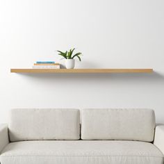 a white couch sitting under a wooden shelf next to a plant on top of it