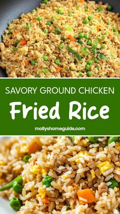 fried rice with peas and carrots in a skillet on the side is an image of savory ground chicken fried rice