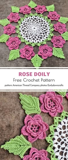 crocheted doily with flowers and leaves is shown in pink, green and white