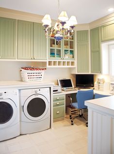 Efficient wash-and-dry centers designate a place for each step of the laundry process, from sorting to folding House Laundry Room Ideas, Laundry Craft Rooms, House Laundry Room, Laundry Room/mud Room, Dream Laundry Room, Laundry Room Cabinets, Laundry Room Remodel, Laundry Room Diy