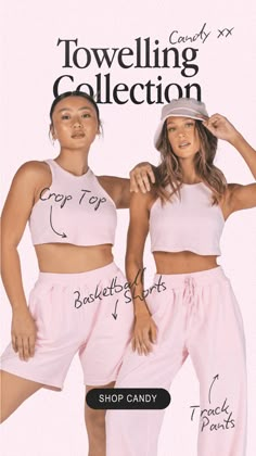 two women in matching pink clothing posing for a magazine cover with the words towelling collection written on it