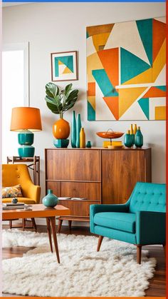 a living room filled with furniture and colorful paintings on the wall above it's coffee table