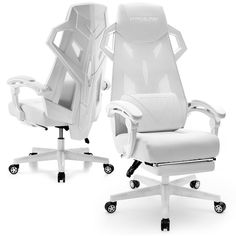 two white office chairs sitting next to each other