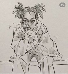 a drawing of a woman with dreadlocks sitting on a bench