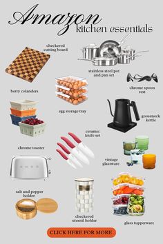 an image of kitchen essentials poster with the words, click here for more info