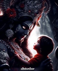 a young boy and woman are embracing in front of an image of the hindu god