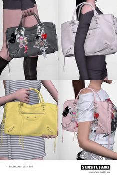 four different images of the same handbag in three different pictures, each with an embellishment on it