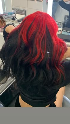 Red On Top Of Black Hair, Black Faded Into Red Hair, Black Highlights On Red Hair, Red Top Black Bottom Hair, Mid Length Red Hair With Curtain Bangs, Bright Red Hair With Black Roots, Red And Black Halo Hair, Red Roots With Black Hair, Red Black Ombre Hair