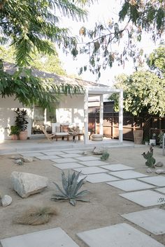 an outdoor patio with rocks and plants in the foreground