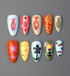 Look for 27 Summer Nails: From Cute to Elegant Short Almond Nail Art, Almond Nail Art Designs, Nail Short Almond, Fish Nail Art, Fish And Flowers, Fish Nails, Nail Short, Almond Nail Art, 3d Fish