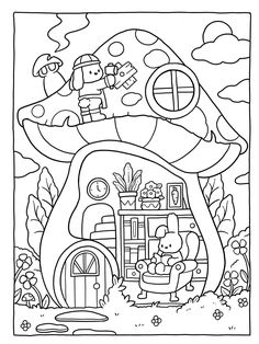 a coloring page with an image of a mushroom house in the background and a cartoon character on