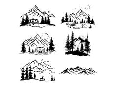 four different mountains with trees and houses on them