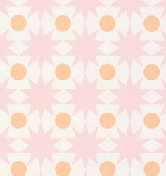 a pink and white background with orange dots