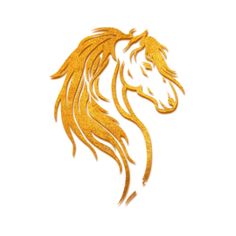 a golden horse's head with long manes and tail, on a white background