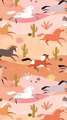 an illustration of horses running in the desert with cactuses and cacti behind them