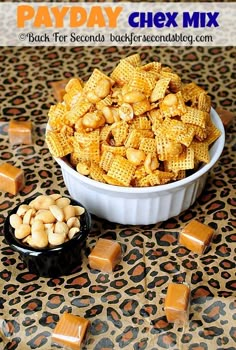 a white bowl filled with cheetos next to some caramel pieces