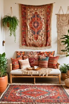 a living room filled with lots of plants and rugs on the wall next to a couch